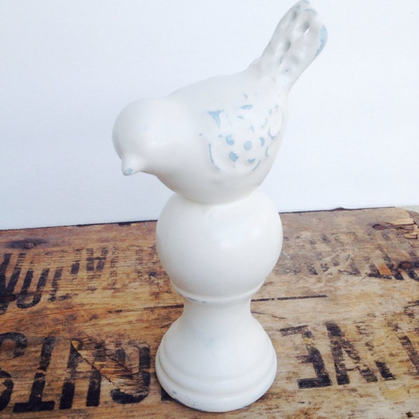 Upcycled Ceramic Bird Statue / Shabby Chic Bird Decor / White