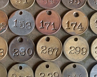 1” Vintage Brass Number Tags, Metal Key Fobs, Vintage Number Labels, Industrial Tags & Decor
