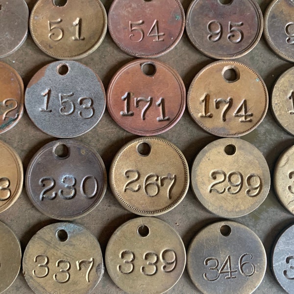 1” Vintage Brass Number Tags, Metal Key Fobs, Vintage Number Labels, Industrial Tags & Decor