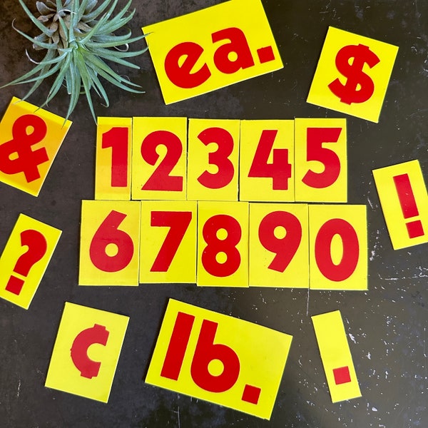 Mini 2” Red On Yellow Vintage Sign Numbers Available By The Number, 14 Sign Decor, Pricing Number Signs