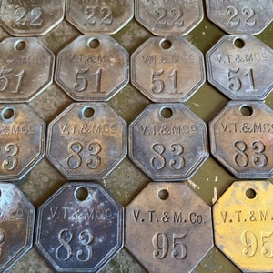 Vintage Brass Company Tags, V T & M Co Number Tags, Octagon And Round Old Brass Tags For Jewlery, Keychains, Unique Gifts And Decor Labels