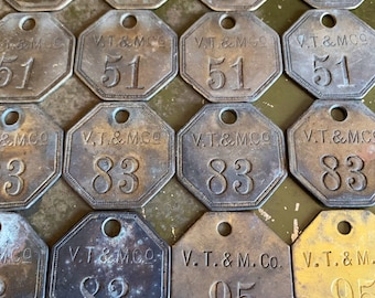 Vintage Brass Company Tags, V T & M Co Number Tags, Octagon And Round Old Brass Tags For Jewlery, Keychains, Unique Gifts And Decor Labels