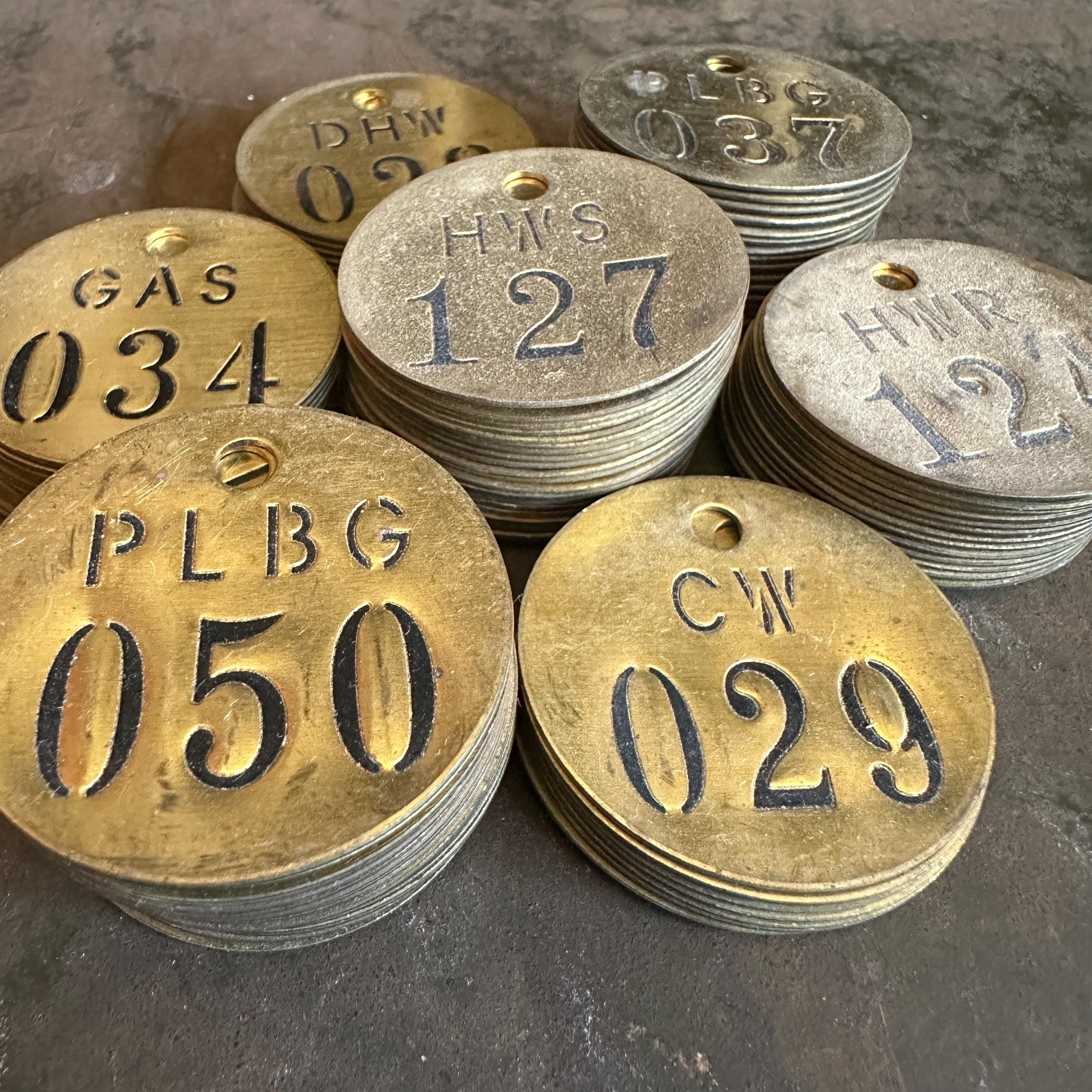 5 Vintage Brass Number Tags: Random Assortment, Unique Industrial Key ...
