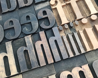 May include: Close-up of wooden letterpress blocks with the letters 'b', 'e', 'f', 'h', 'i', 'm', and 'd' in various shades of brown and black.