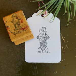 Timbro vintage di George W. Geezil, timbri in legno e gomma per divertenti confezioni regalo fai da te ispirate ai fumetti di Braccio di Ferro, vecchi cimeli dei cartoni animati