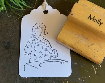 Vintage Molly Brushing Teeth Rubber Stamp, Wood Stampers For Planners & Junk Journals, Nostalgic Images For DIY Gifts And Crafts