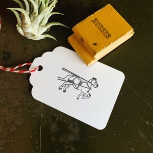 Vintage rubberstempel koetspaarden, circuspaard met zadelhoutstempel, boerderijambachten en leuke plannerbenodigdheden