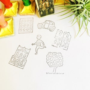 Vintage Make Believe Stadtbild Briefmarken, Plastikstempel, Stempel für Kinder, Party Basteln Junk Journals