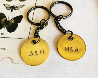 Customized Stamped Key Chain For Couples Or Best Friends, Vintage Brass Key Tag, Unique Gift For Spouse Or Bestie