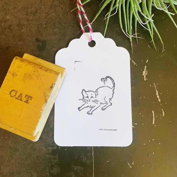 Vintage Cat With Bow On Tail Stamp, Old Rubber Stamps For Junk Journals & Planners, Cat Lover Gifts