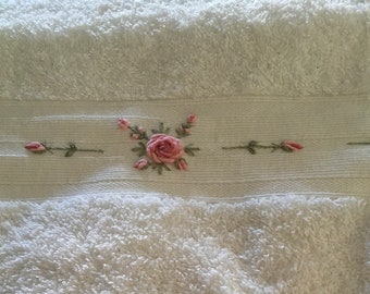 Deluxe  Bath towel  white all hand embroidered  with crocheted edge