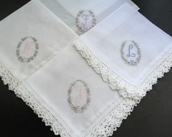 Monagram handkerchief with all white hand crocheted edge