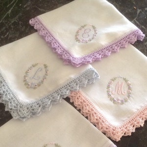Embroidered personalized Handkerchiefs with matching hand crocheted edges ideal for christenings, weddings, Bridesmains ,bridal Party.