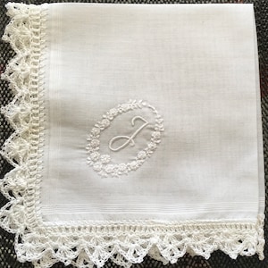 All white on white inital Handkerchiefs hand crochet edges Ideal for Weddings , Christenings , bridal parties,