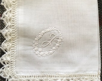 All white on white inital Handkerchiefs hand crochet edges Ideal for Weddings , Christenings , bridal parties,