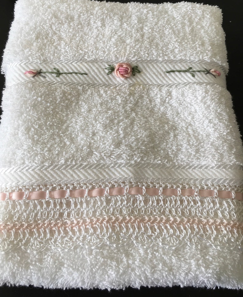 Deluxe White Hand Towel Embroidered With Pink Grub Rose Etsy Australia