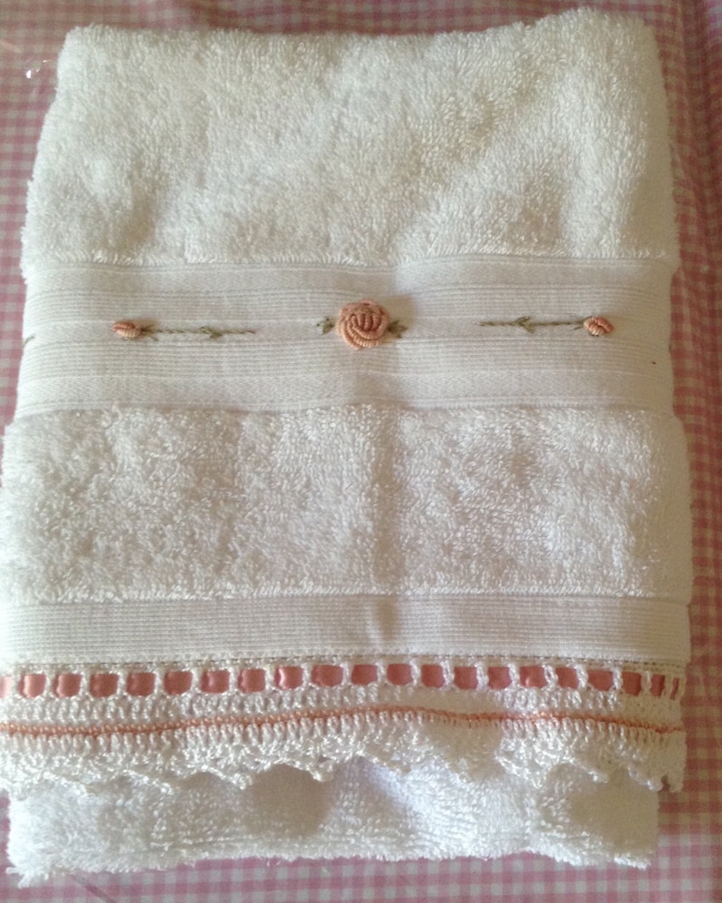 Deluxe White Hand Towel Embroidered With Pink Grub Rose Etsy