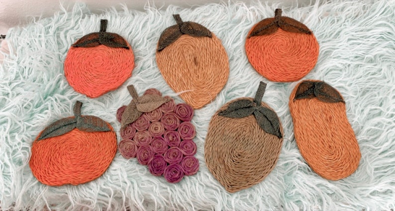 Woven Raffia Drink Coasters Fruit Shaped with Holder