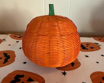 Vintage Orange Wicker Pumpkin Basket Set: Halloween Thanksgiving Decor