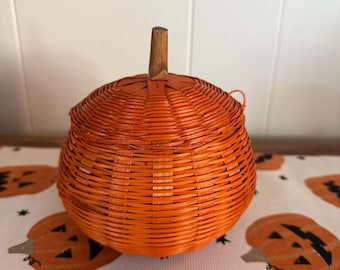 Vintage Orange Wicker Pumpkin Basket Set with Lids, Fall Decor