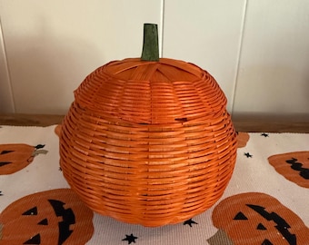 Vintage Orange Wicker Pumpkin Basket Set - Halloween Thanksgiving Decor
