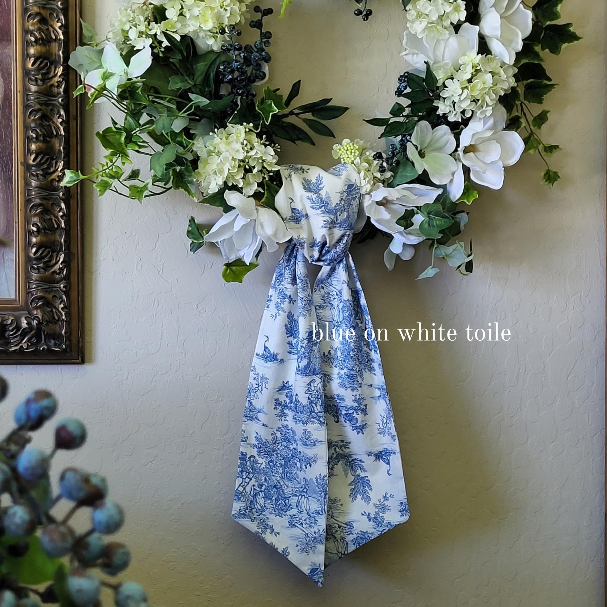 Wreath Sash~ Blue Toile Sash~ French Country Door