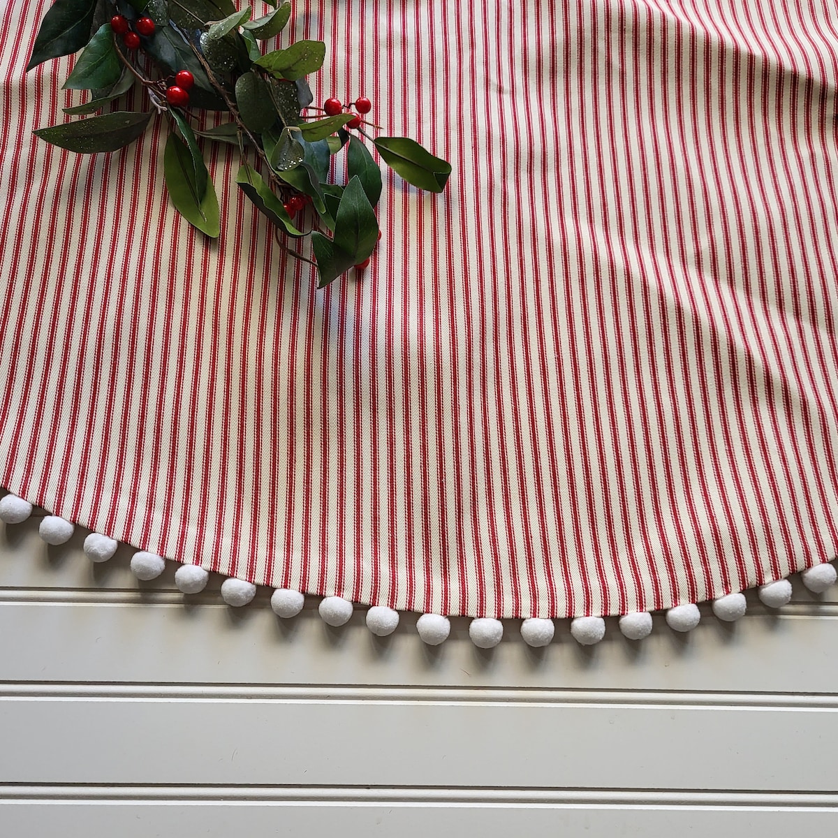 Reversible Christmas Ticking Tree Skirt Over Sized Pom Pom Tree Skirt Farmhouse Christmas - Etsy