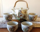 Japanese Satsuma Teapot And Cups Set, Quail, Birds, Gilded, Stamped, Bamboo Handle, Crackle Glaze Tea Pot, 4 Cups, Japan
