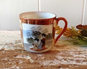 Japanese Eggshell Porcelain Tiny Hand Painted Little Cup, Geisha Ware Tea, Espresso, Sake, Gold Detail, Signed, Translucent China, Japan