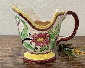 Vintage Italian Majolica Sgraffito Low Pitcher, Jug, Side Notches, Carved Hand Painted Signed Terra Cotta Pottery Colorful Gravy Boat, Italy