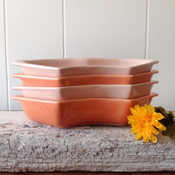 Maurice Of California Mid Century Snack Trays, Peach, Orange, Pink Chip & Dip Ceramic Party Dishes, Set Of 4, California Pottery, USA