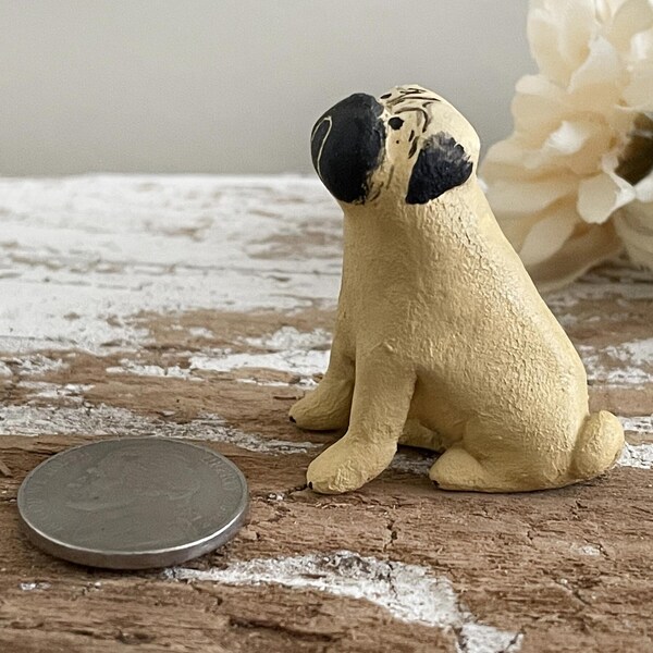 Tiny Vintage Clay Pug Dog, Miniature Handmade, Hand Shaped, Hand Painted Little Sitting Lapdog Sculpture, Kiln-Fired, OOAK, Signed