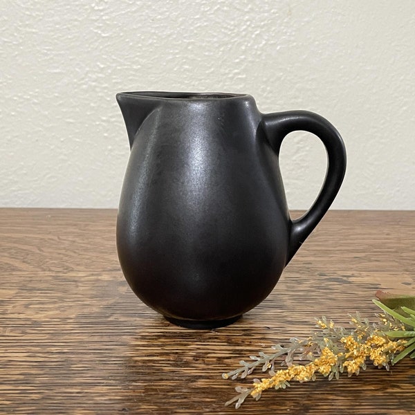 Vintage Jars France Samoa Vert Cream Pitcher, Small Milk Jug, Matte Black, Mottled Green Interior, Coffee, Tea French Pottery Creamer