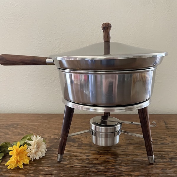 Vintage Mid Century Stainless Chafing Dish, Wood Handles, Legs, Sterno Cup, Stylish Mid Mod Food Warmer, Hostess, Shower Gift, 1960s, 70s