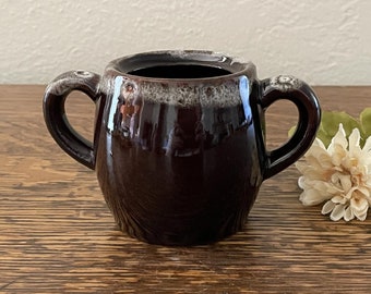 Vintage Brown Drip 2-Handled Sugar Bowl, No Lid, Mid Century Pottery Rustic Glazed Table Sugar Jar, Handles