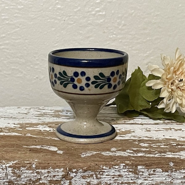 Vintage Mexican Pottery Little Pedestal, Footed Cup, Shot Glass, Salt Cellar, Hand Painted Flower Art, Sandy Background, Signed, Mexico