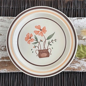 Set Of 3 Countryside Collection Side, Bread Plates, Pale Tan, Peach Flowers, Stripes, 1980s Small Stoneware Pottery Plates, Japan, 3