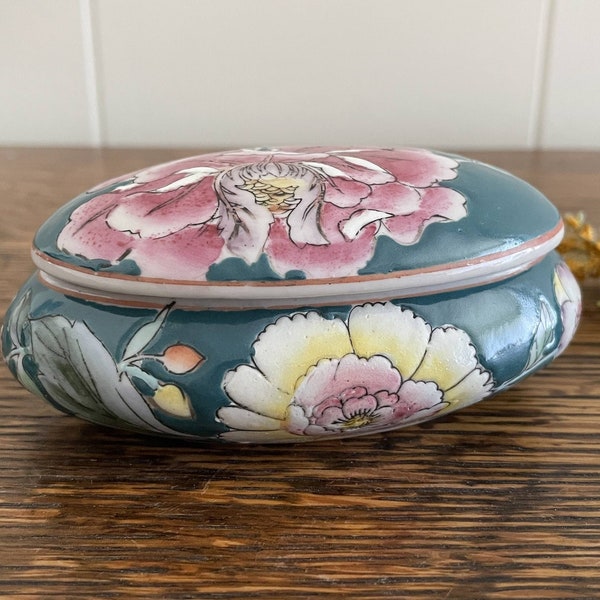 Small Vintage Oval Chinese Trinket Box, Covered Cachepot, Ring, Jewelry Dish, Teal Green, Pink, Yellow Flowers, Hand Detailed, Characters
