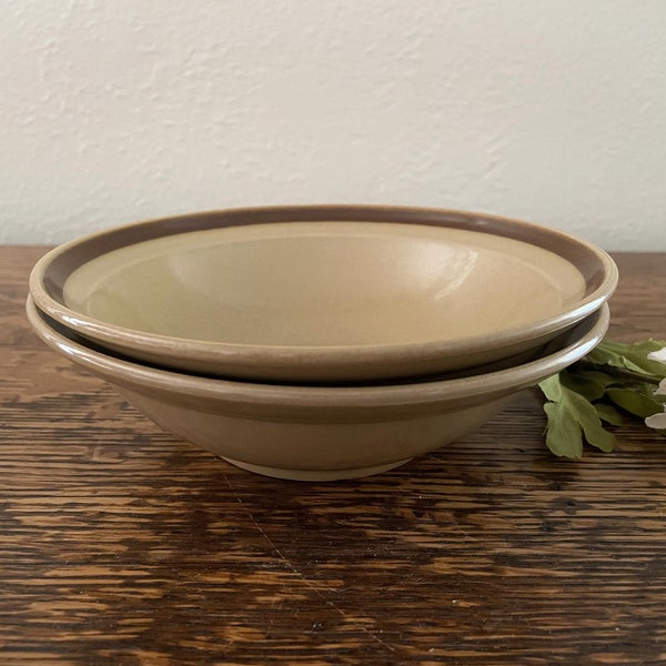 SET Of 2 Hearthside 1970s Stoneware Cereal, Soup Bowls, Creamy Tan, Brown Band, Mid Century Japanese Pottery Small Bowls, Japan, 2