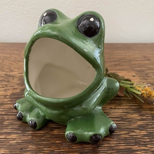 Vintage Wide Open Mouth Ceramic Frog Scrubby Sponge Holder Dark Green