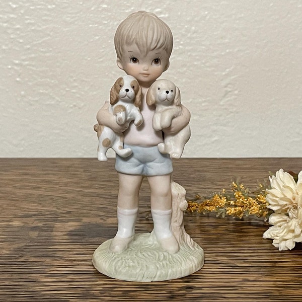 Vintage Lefton China Porcelain Figurine, Child Holding Puppies, Friends, Little Boy, Hand Painted Pale Pastel Tones, Taiwan, Numbered