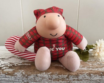 1991 Ziggy Christmas Plush Doll, Tartan Plaid Pajamas, Candy Cane, Nightcap, I Love You, Little Holiday Toy Ziggy & Friends, Tom Wilson
