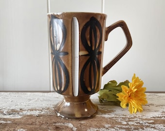 Vintage Mid Century Pedestal Mug, Tan, Black, White, Retro Grooved Design, MCM Stoneware Pottery Coffee, Tea, Irish Coffee Cup, Footed Base