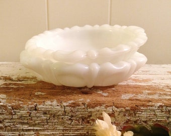 2 Vintage Milk Glass Dimpled, Pinched Ashtrays, Small Dishes, White Molded Pressed Glass Cigarette Trays, Condiment, Sauce Dishes, Set Of 2