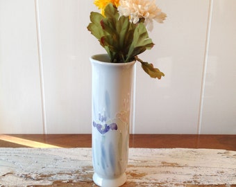 Vintage Otagiri Floral Lite Small Pillar, Chimney Vase, Hand Painted Pastel Iris Flowers, Leaves, Moriage Soft Colors Little Porcelain Vase