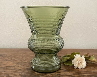 Vintage Napco Cleveland Large Vase, Soreno Green, Ridged, Textured Mid Century Pressed Sparkly Clear Green Glass Vase, Wide Flared Mouth