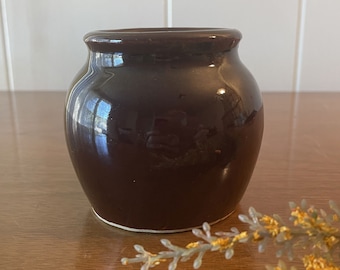 Primitive Pottery Small Mustard, Jam Jar, Open Sugar Bowl, Shiny Brown Glazed Pottery Little Baked Beans, Condiment, Confiture Crock, USA
