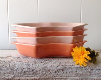 Maurice Of California Mid Century Snack Trays, Peach, Orange, Pink Chip & Dip Ceramic Party Dishes, Set Of 4, California Pottery, USA