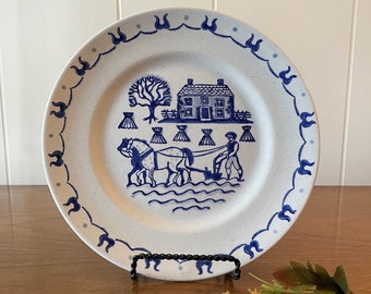 Metlox Poppytrail Provincial Blue Dinner Plate, Blue, White Hand Decorated California Pottery Large Plate, Farm, Country Folk Art, USA