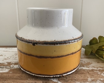 Stonehenge Midwinter Sun Tall Sugar Bowl, No Lid, Chip, Bright Yellow, Orange Bands, Brown Speckled Mid Century English Stoneware Sugar Jar